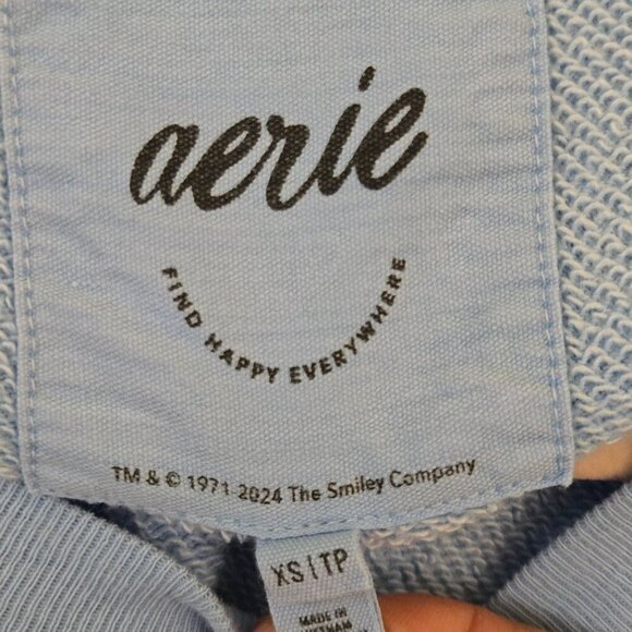 Aerie Smiley Real Crew Oversized Baby Blue Sweatshirt Trending Size XS - Picture 9 of 9